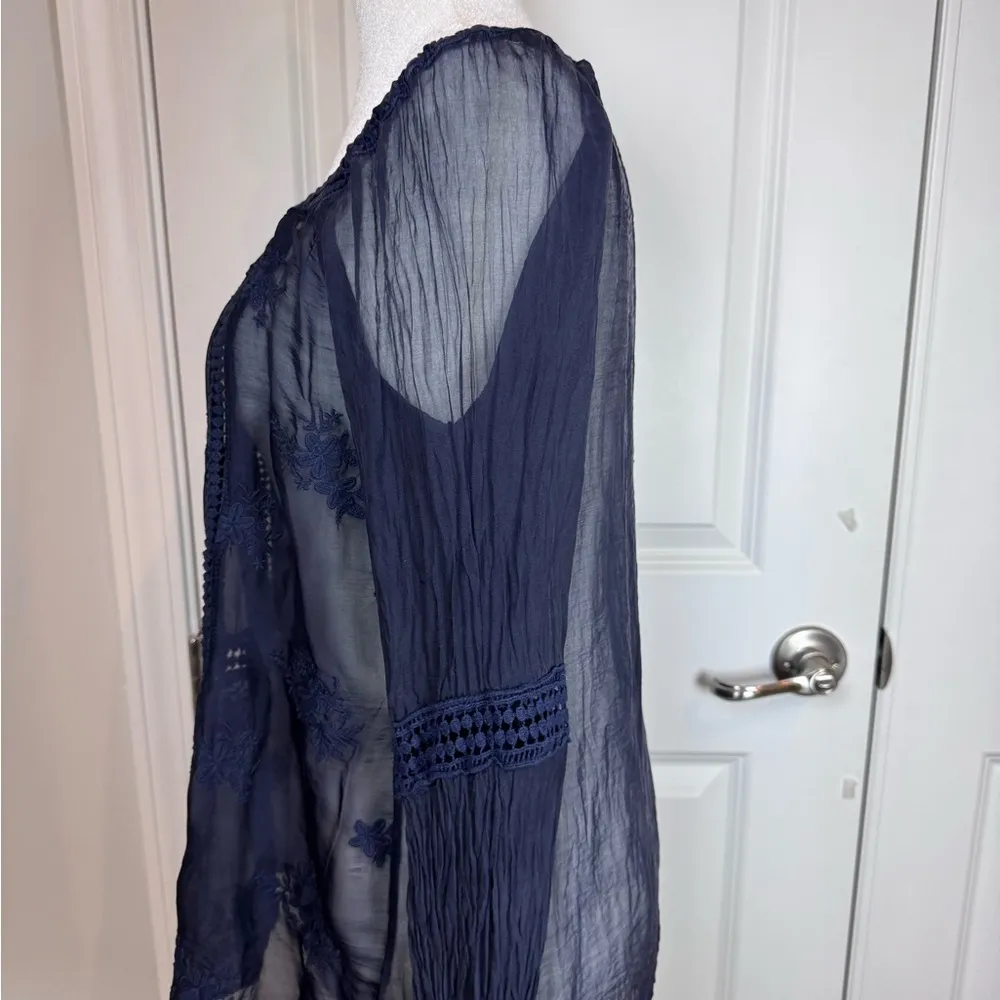 Italian Navy Whimsy Goth Sheer Layers Bohemian Airy Embroidered Gauze Peasant Blue - Image 6