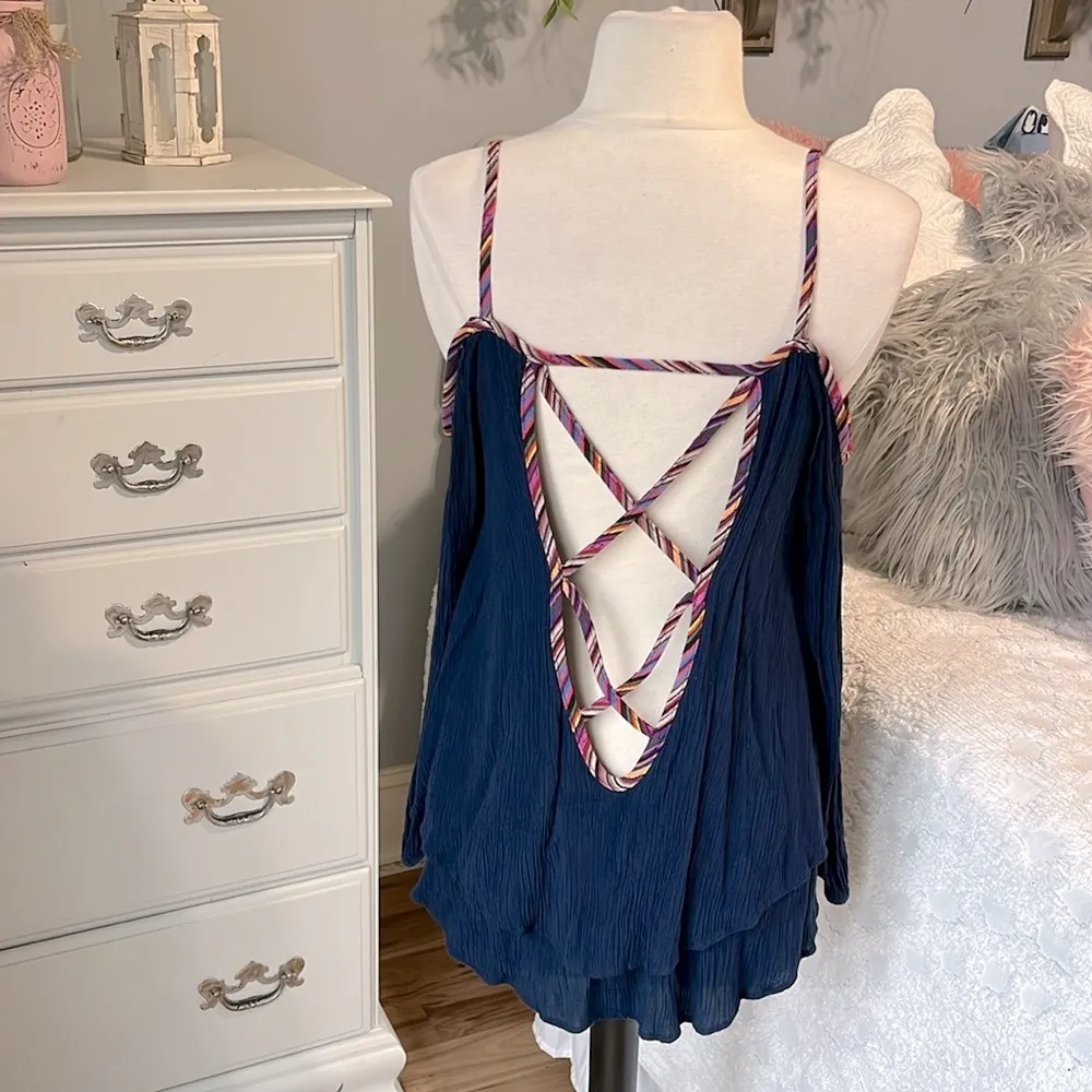 Feminine Navy Blue Gauzy Criss Cross Open Back Top - Image 6