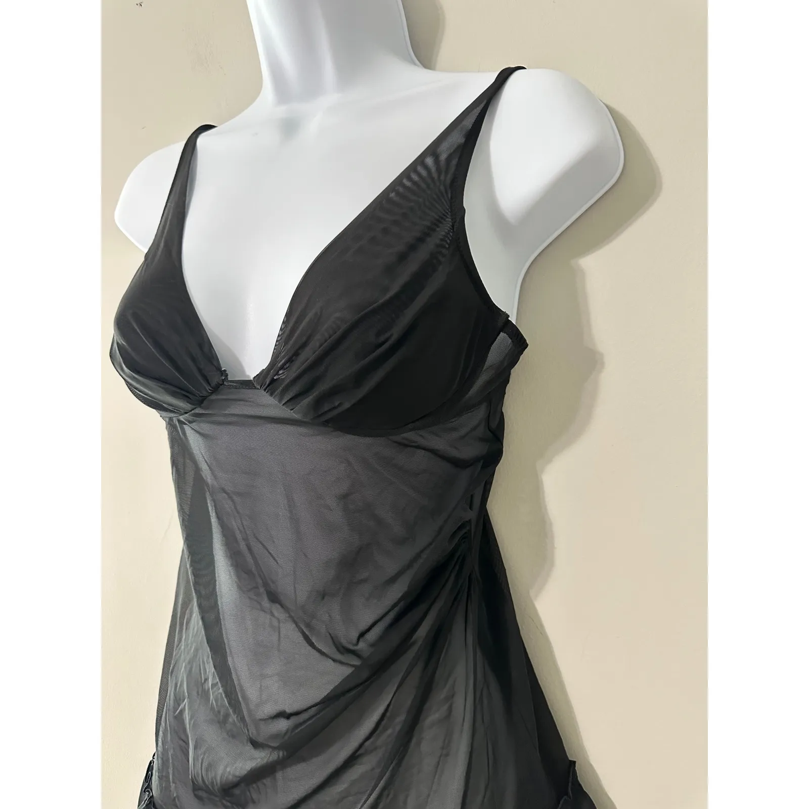 Victoria Secret Black Sheer Mesh Babydoll Chemise Ruffle Trim 34B Underwire - Image 2