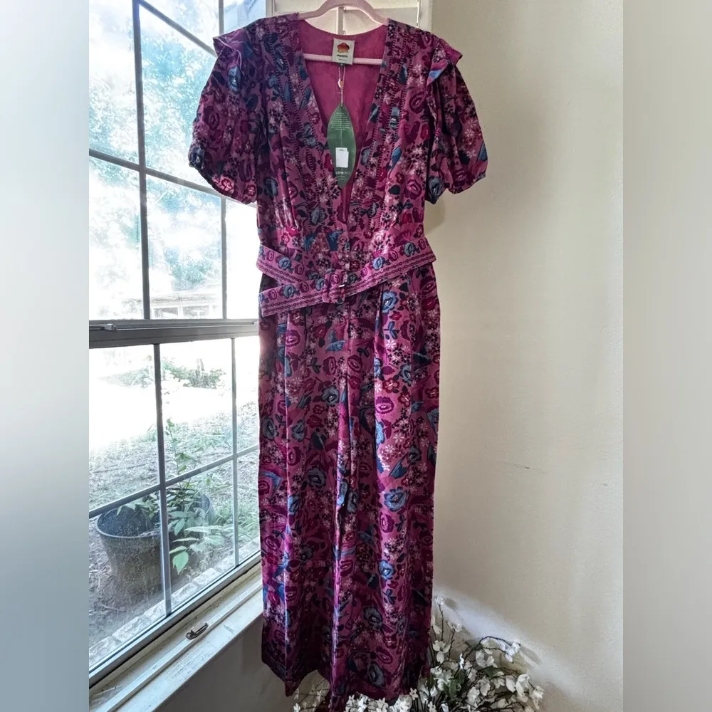 FARM Rio Floral Birds Blush Jumpsuit with Puff Sleeves Size: XL - Image 2