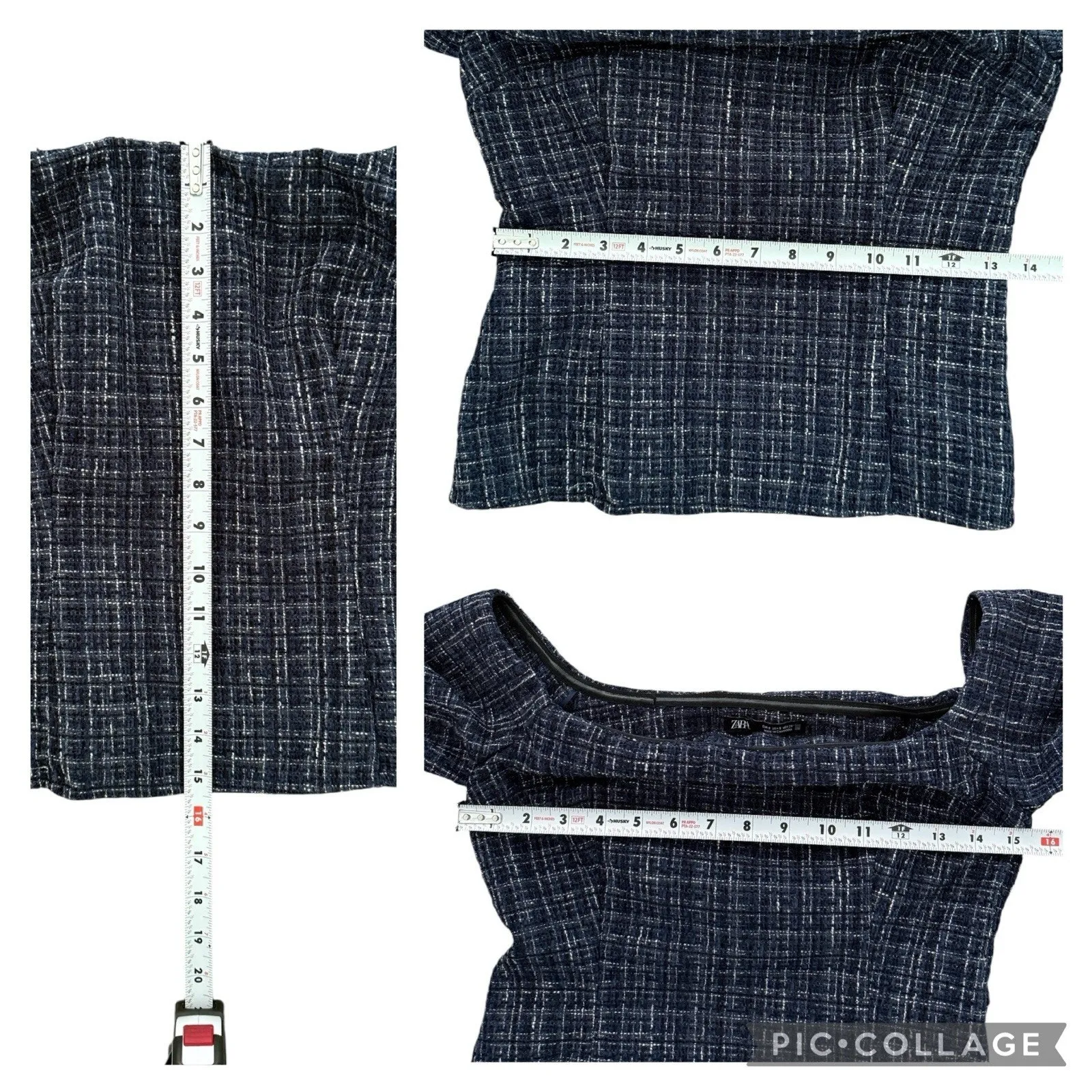 NEW ZARA Blue Tweed Textured Off Shoulder Top Flared Bell Long Sleeve Size Small - Image 8