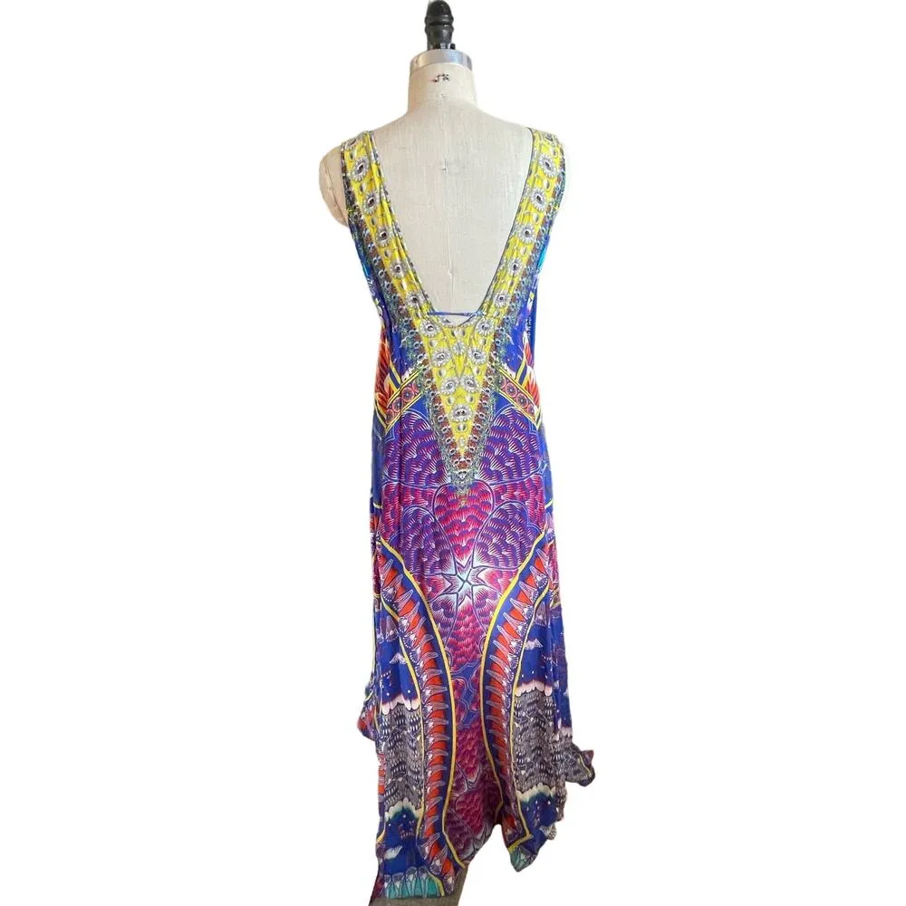 Camilla 100% Silk Swarovski Beaded V-Neck Bright Print Maxi Dress Size Medium/Lg - Image 6