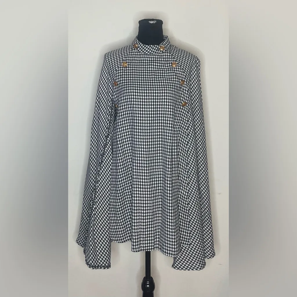 SHEIN- Black and White Houndstooth Buttoned Cape Blouse Size XL - Image 3