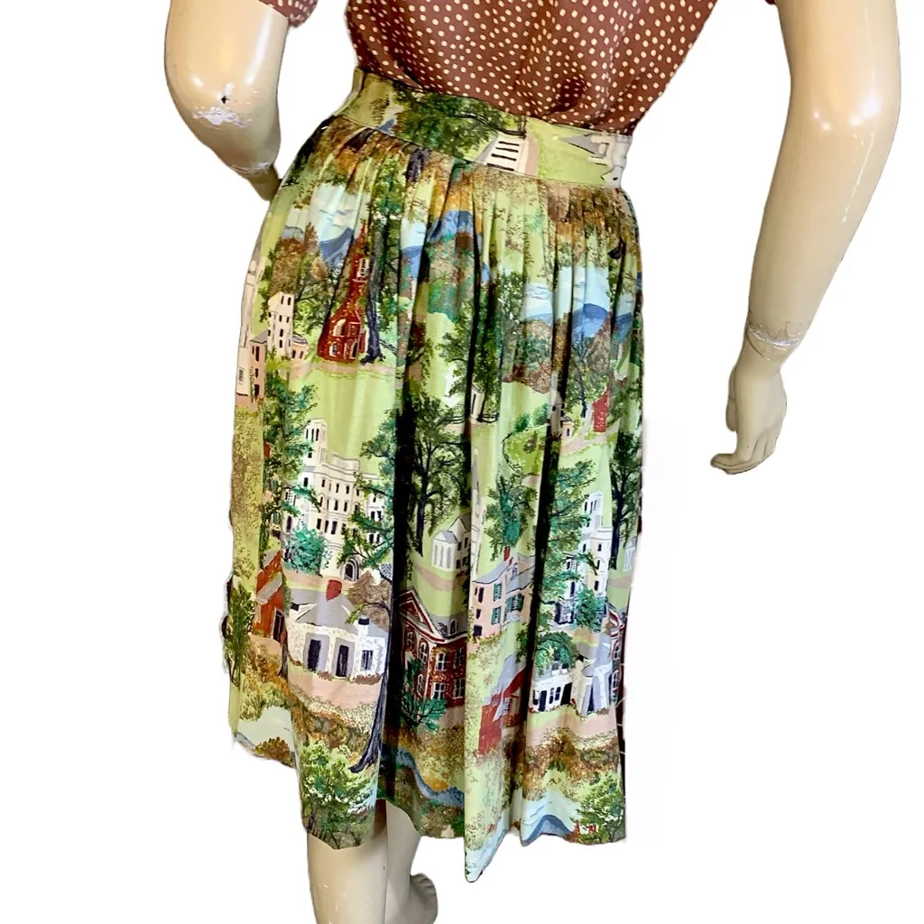 VINTAGE 1950'S GRANDMA MOSES "WILLIAMSTOWN" PRINT FABRIC FULL NOVELTY SKIRT (S) Multiple - Image 6