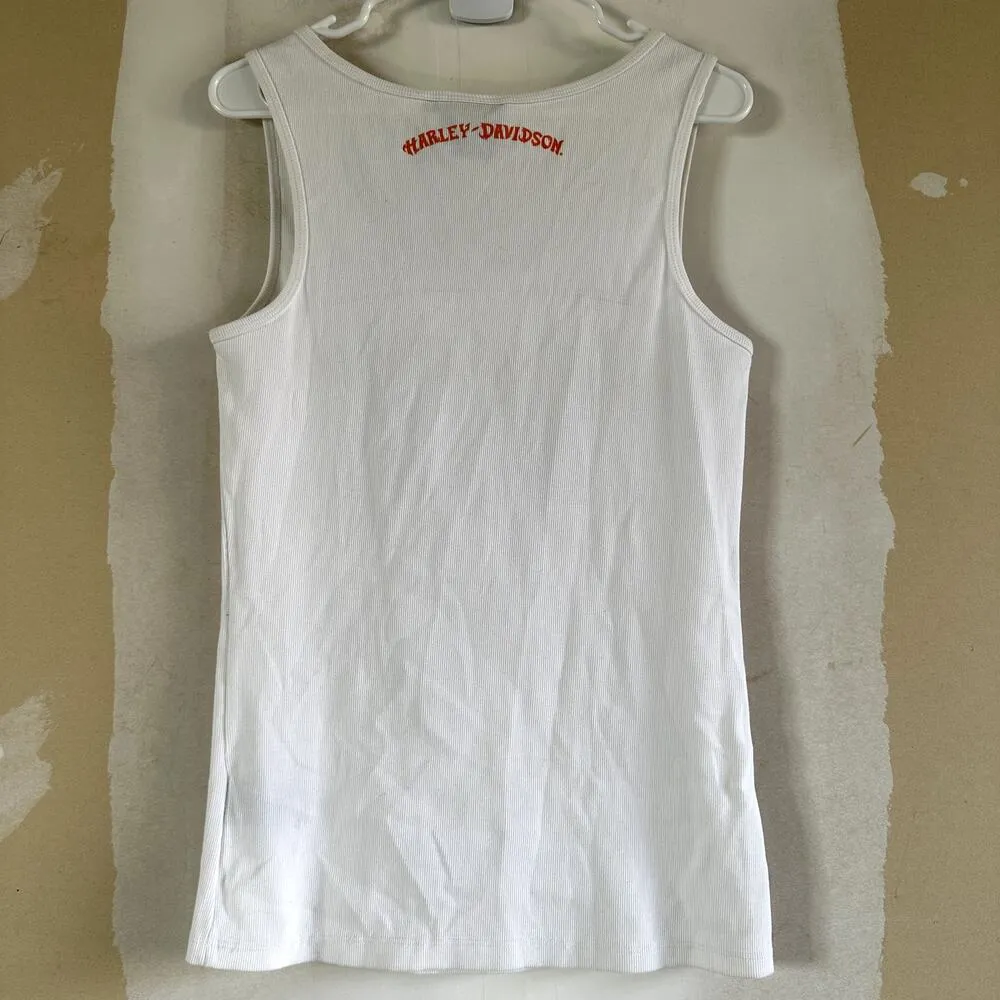 Harley Davidson Bedazzled Tank Top Graphic Print Scoop Neck Ribbed Knit White XL - Image 4