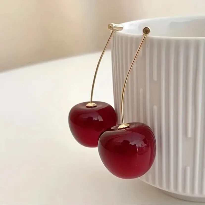 Anthropologie Deep Red Cherry Whimsical Drop Wire Earrings Gold Stem 44.00 New - Image 5