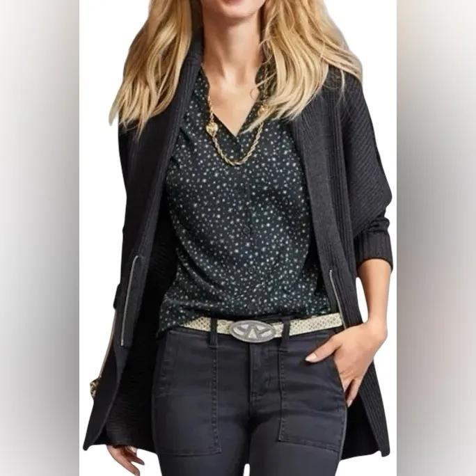 CAbi Cosmic Oversized Rib Knit Cardigan Sweater Sz S Gray Full Zip Casual Cozy - Image 2