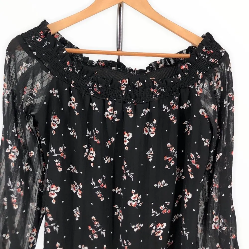 Wayf Black Floral Off Shoulder Long Sleeve Tie Cuff Dress size Large - Image 3