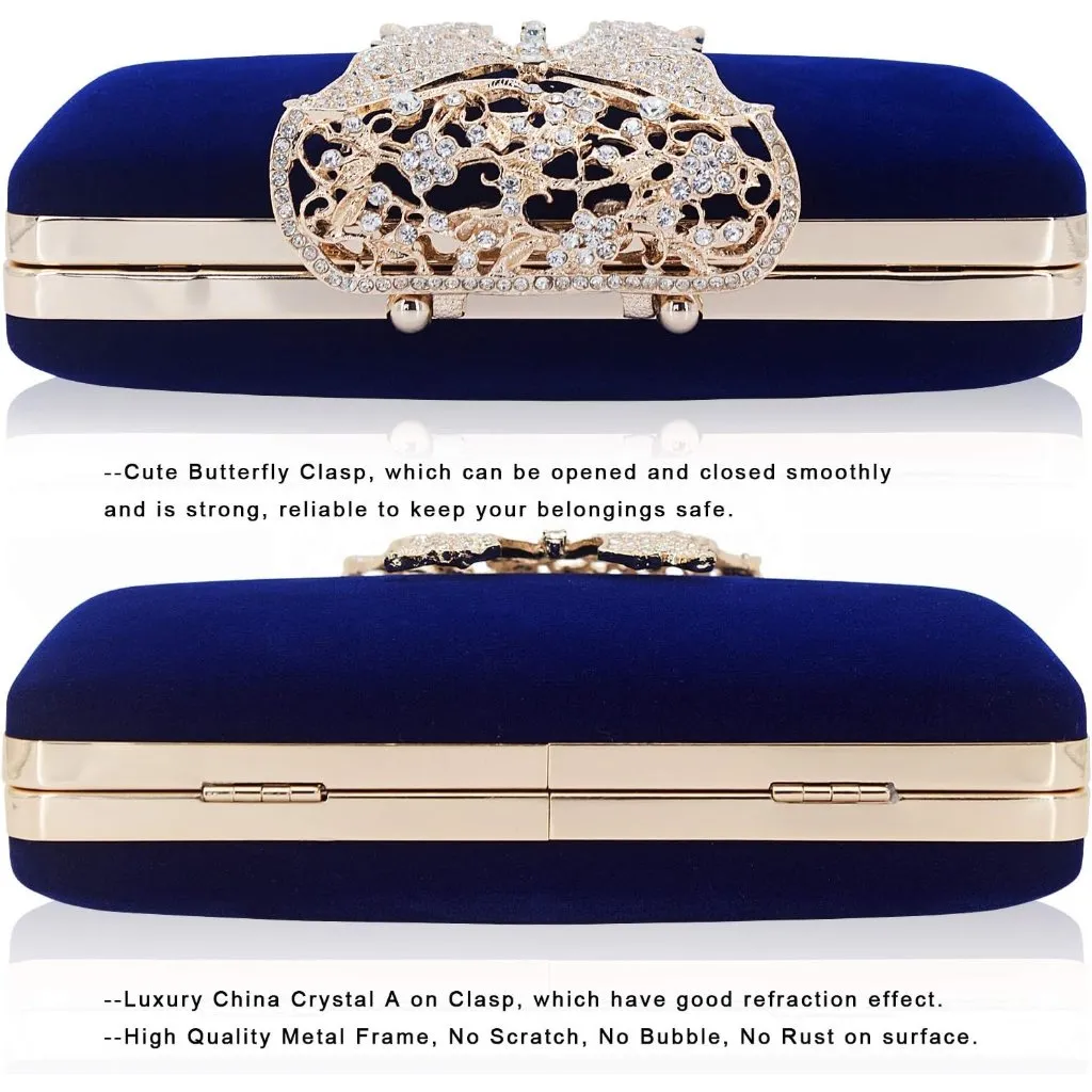 ⚡Women's Blue Velvet Fabric Butterfly Clasp Crystal Evening Clutch Bag - Image 4