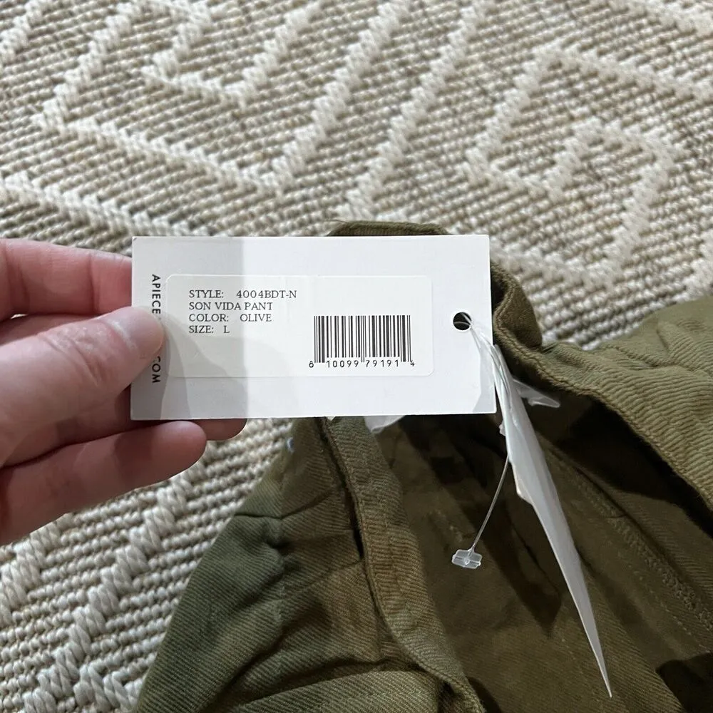 APIECE APART Olive Green COTTON LINEN BLEND PANTS WIDE LEG SON VIDA  RUFFLES LG - Image 5