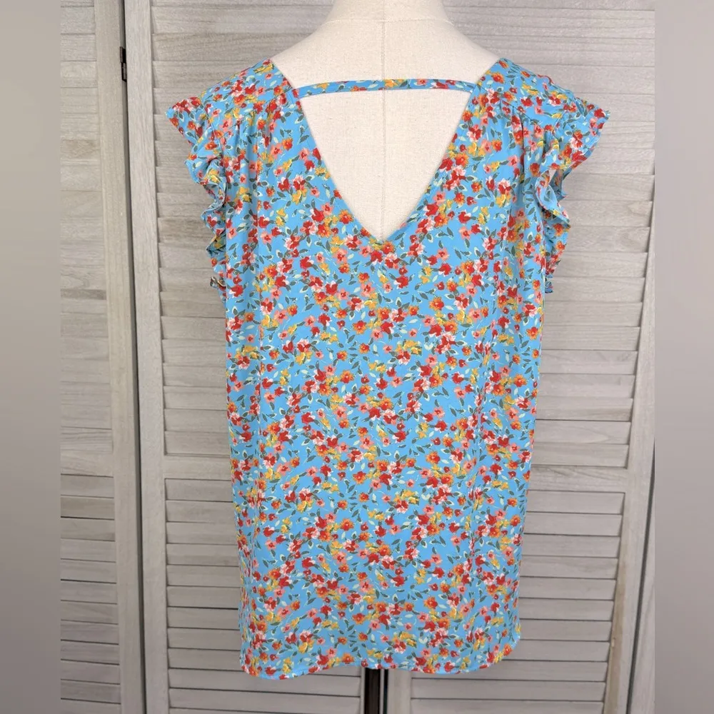 LOFT Ruffle Sleeve Cottage Floral Tank Top with V Neckline Blue Floral-Medium - Image 2