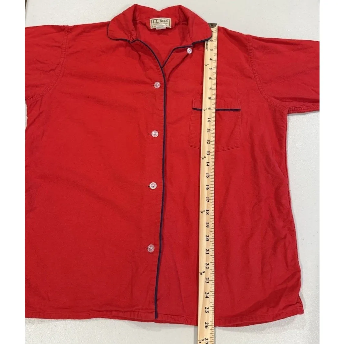 Vintage LL Bean Pajama Top Womens Medium Red Button Up 100% Cotton Sleep Pocket - Image 5