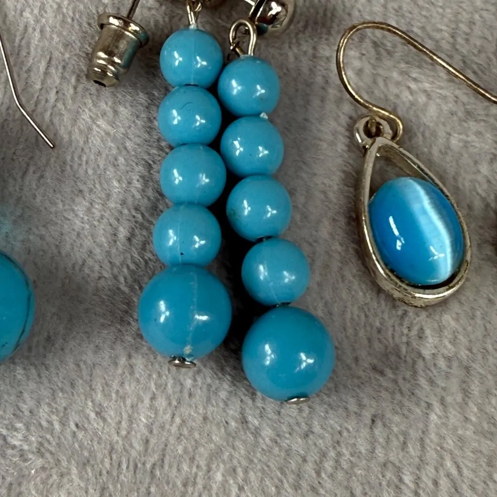 Set Of 3 Pairs Shades of Blue, Beaded & Teardrop Dangle Earrings Mixed Styles Blue - Image 4