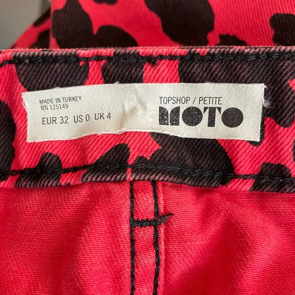 Topshop Red Leopard Skirt 0 Womens Denim Mini Raw Hem Casual Pockets Zipper - Image 3