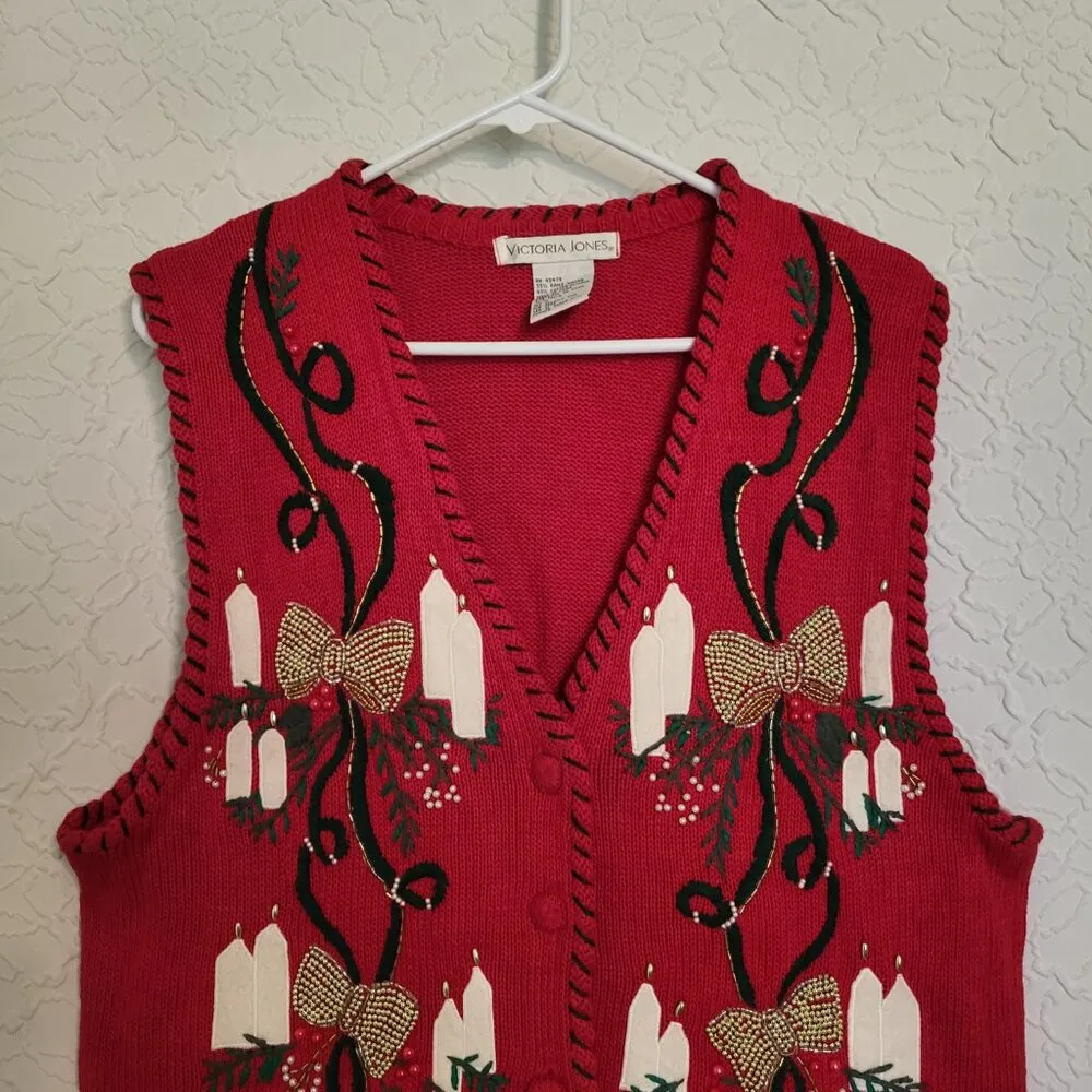 VINTAGE Red Candles Bows Embroidered Sequin Ugly Christmas Sweater Vest Size M - Image 5