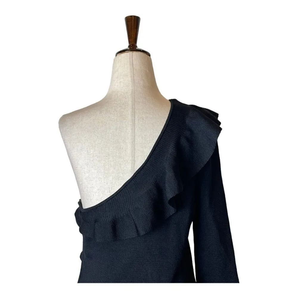 Ronny Kobo Torn Black One Shoulder Knit Ruffle Mini‎ Franca Dress Size L - Image 6