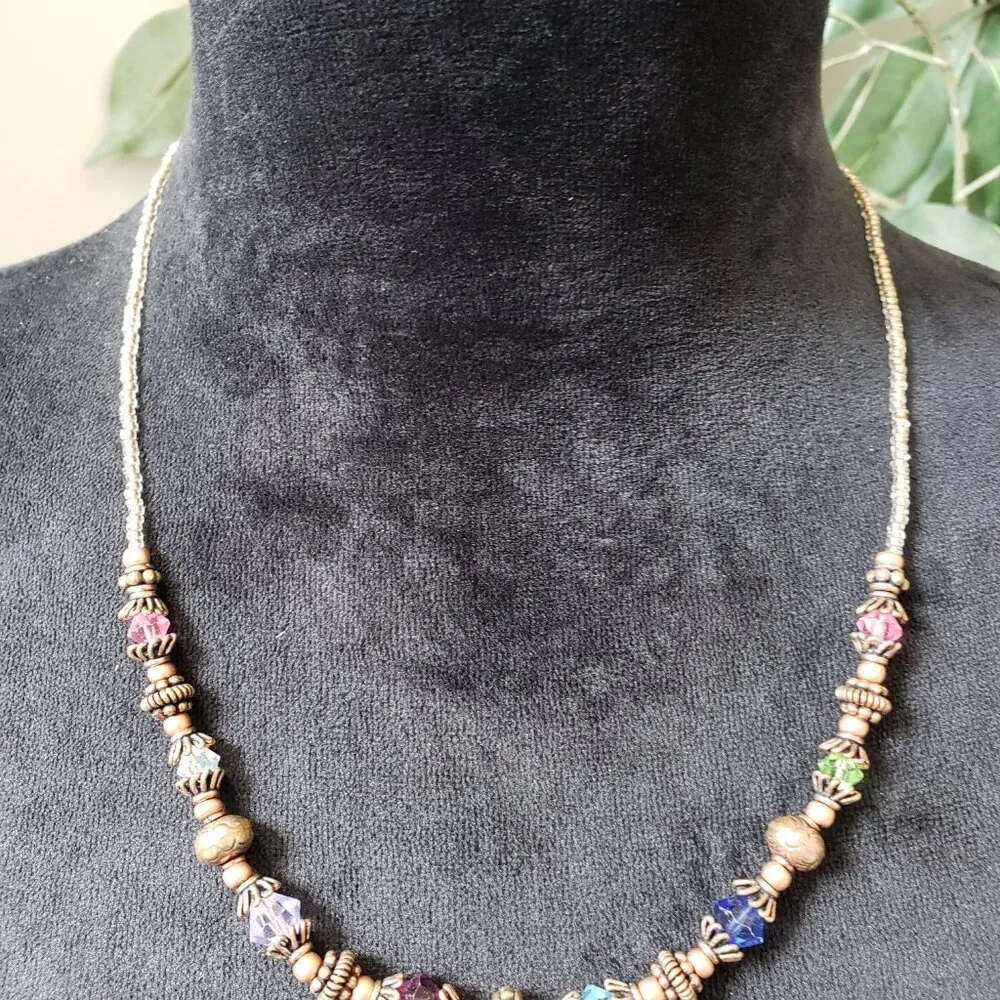 Womens Fashion Crystals & Studded Brass Beads Necklace with Round Toggle Clasp - Image 2