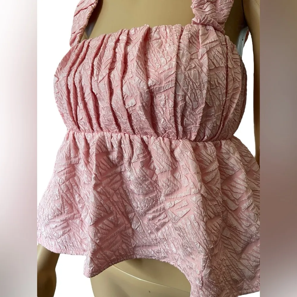 NEW Entro Pink Preppy Barbie Textured Pleated Babydoll Crop Top - Image 2