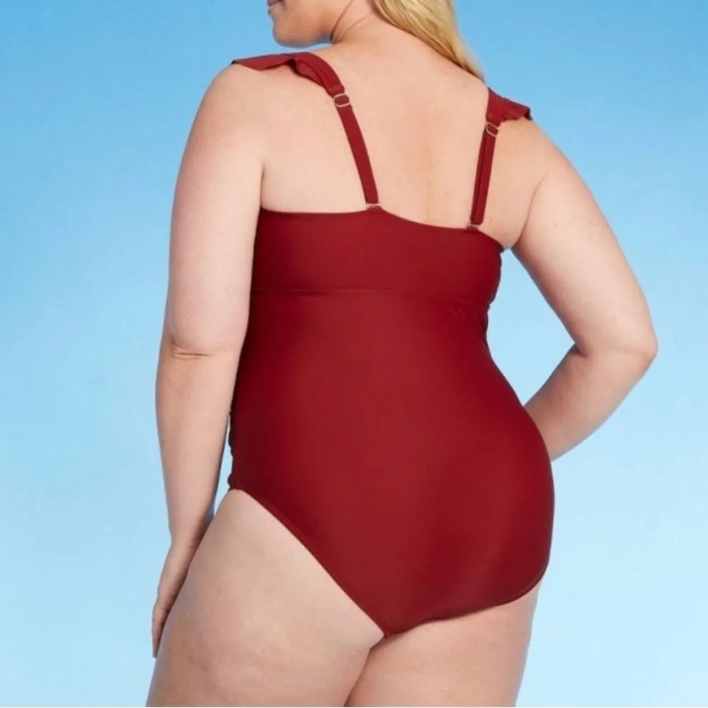 NWT Kona Sol One Piece Swimsuit Size 22W Brick Red Ruffle Strap Ruched Plus Size - Image 4