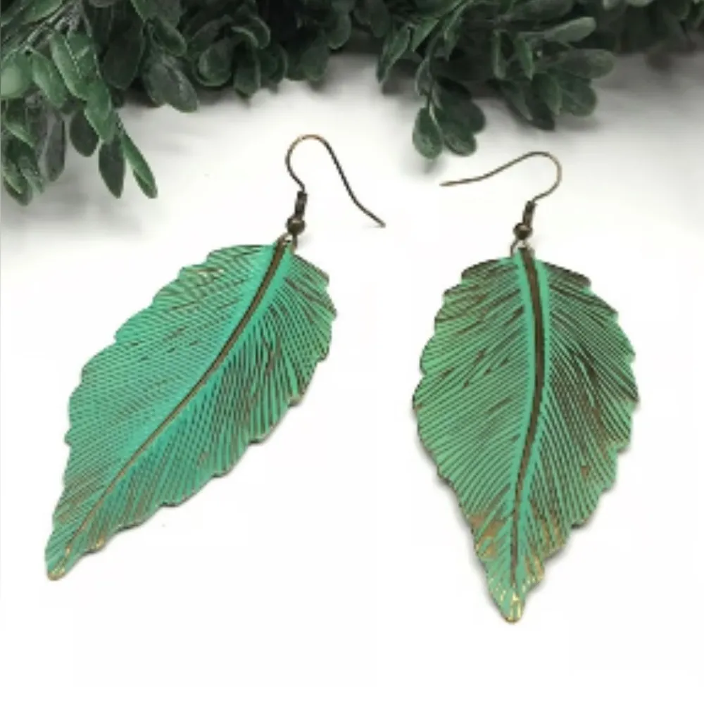 Vintage Green Patina Leaf Dangle Earrings - Image 2