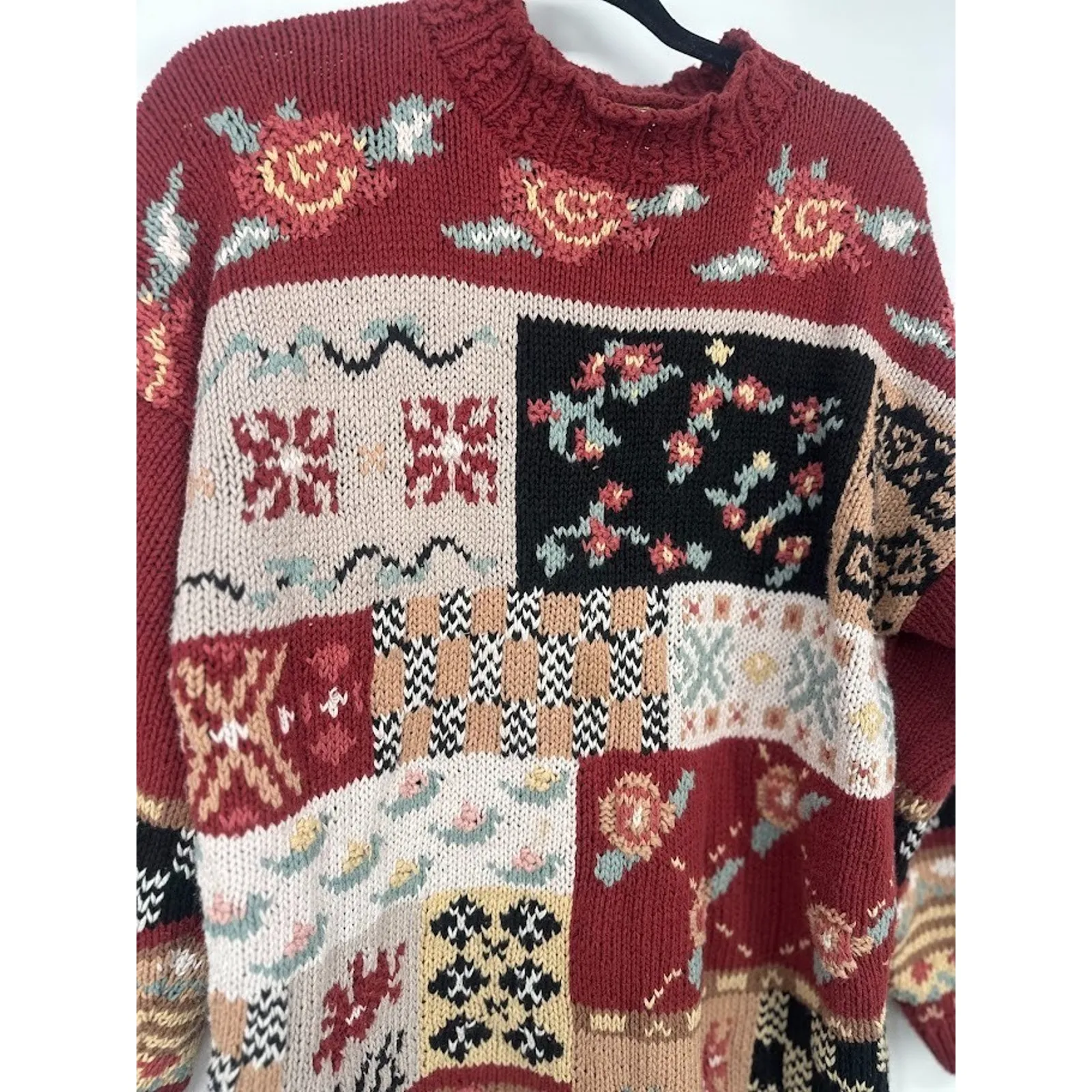 Vtg Oversize Heavy Grandma Sweater Floral M Cottagecore Retro Patchwork Granny Pink Size M - Image 2