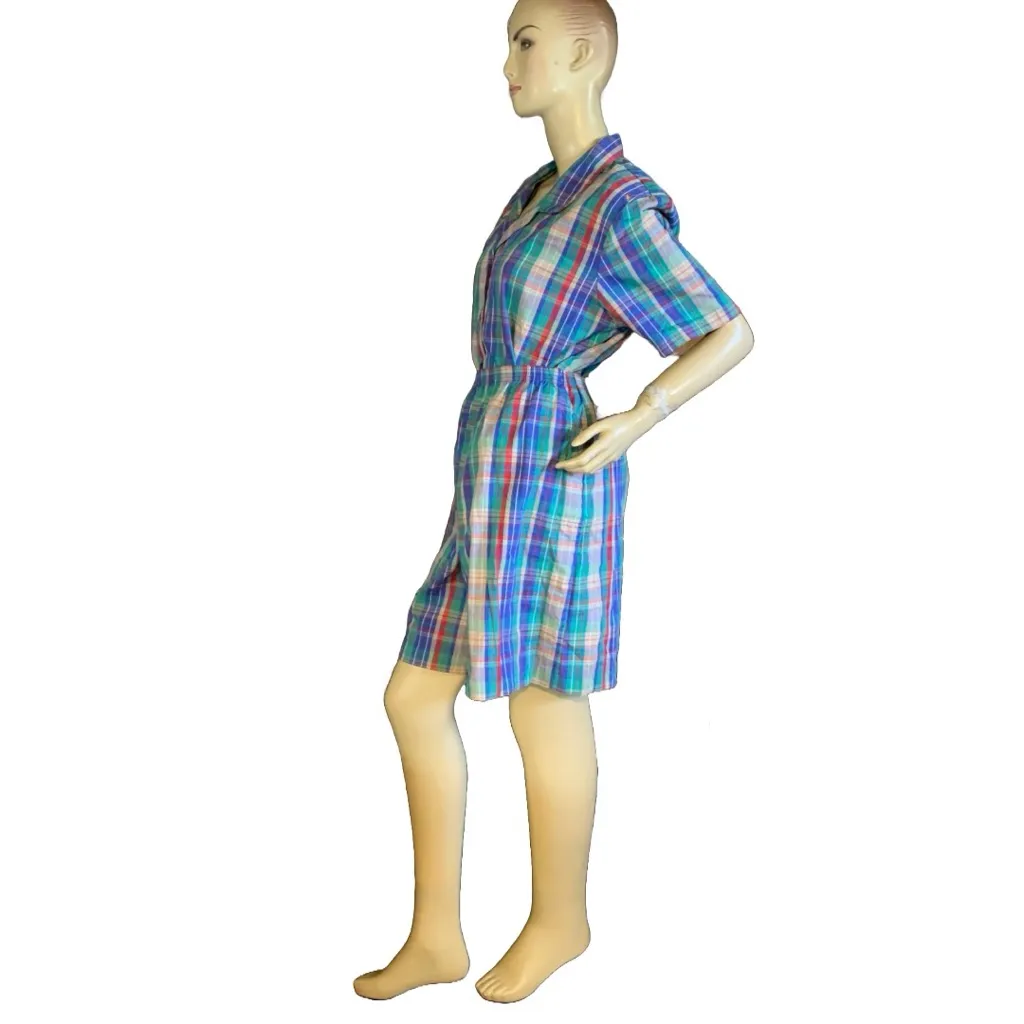 VINTAGE 1980'S CRICKET LANE BLUE PLAID PRINT SHORTS SET (16) Size M - Image 5