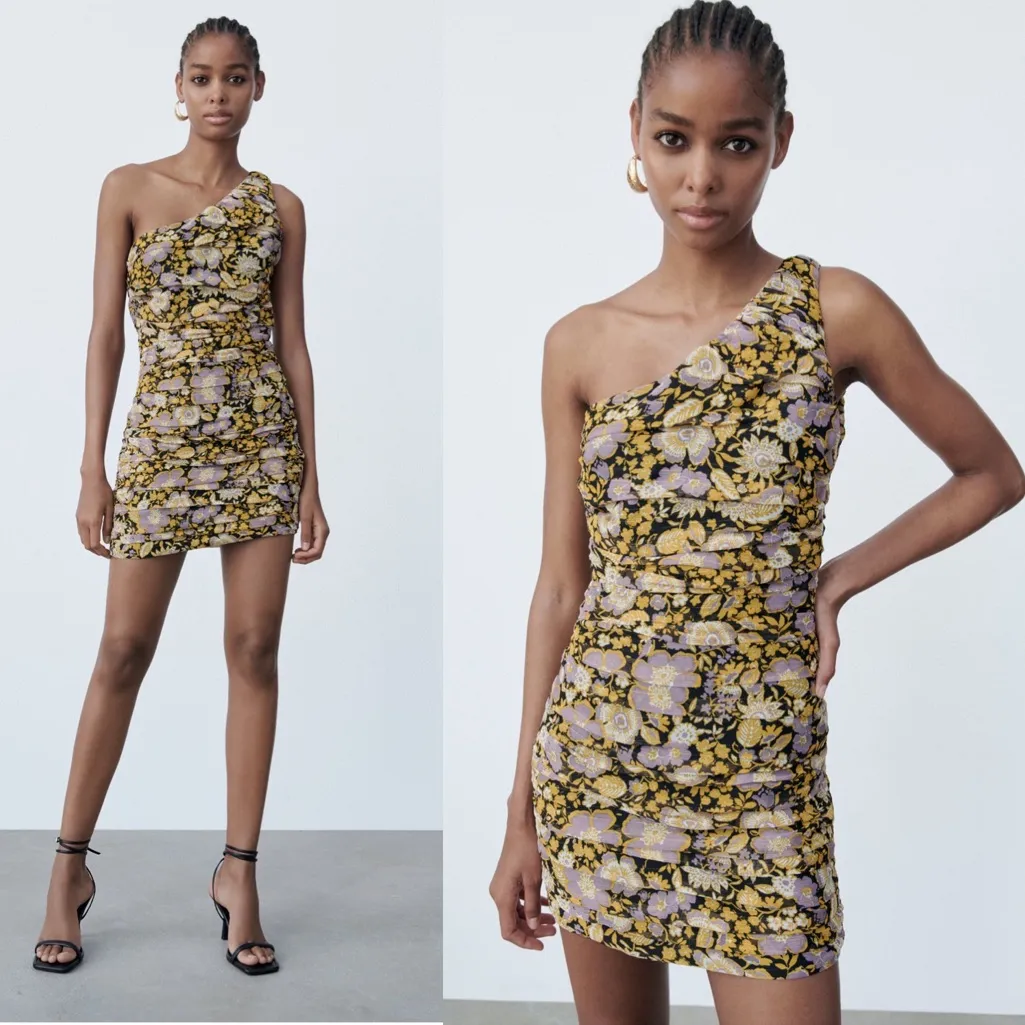 NWT ZARA PRINTED DRESS WITH DRAPING ONE SHOULDER GREEN BLOGGERS FAV XL - Image 2