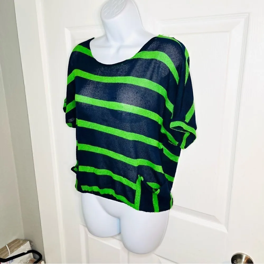 Chris & Carol Open Knit Dolman Short Sleeve Green Stripe Sweater Navy Blue S - Image 5