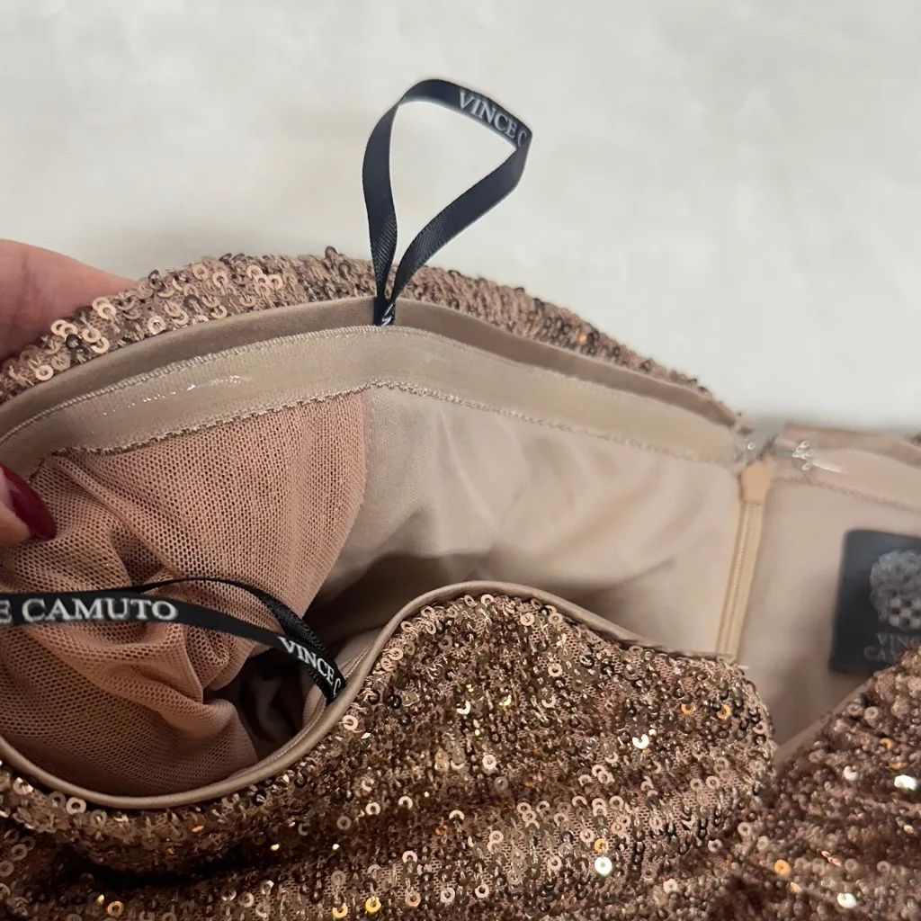 Vince Camuto Sparkling Bronze Long Sleeve Dress Draped off Shoulder Sweetheart - Image 10