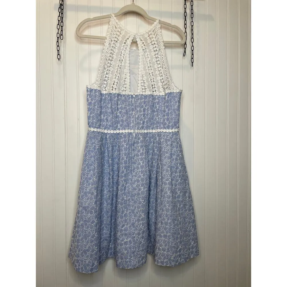 LILLY PULITZER Tori Mini Dress Blue Yarn Dye Stripe Eyelet Sleeveless Size 16 - Image 5