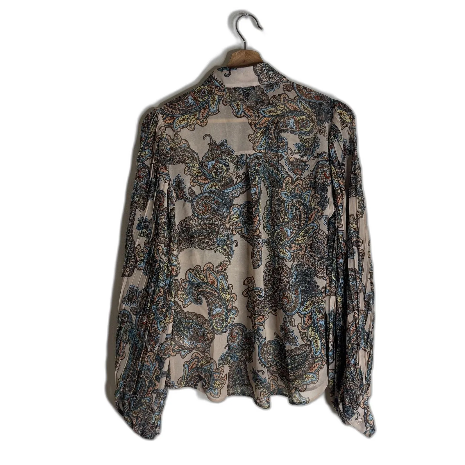 Express Shirt Womens Small Paisley Beige Blue Sheer Long Sleeve Lightweight Top - Image 12