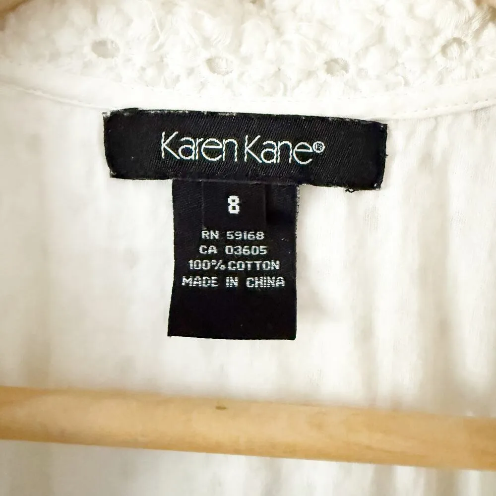 KAREN KANE | White Eyelet Embroidered Wrap Dress Collar Cap Sleeve Tie | Size 8 - Image 5