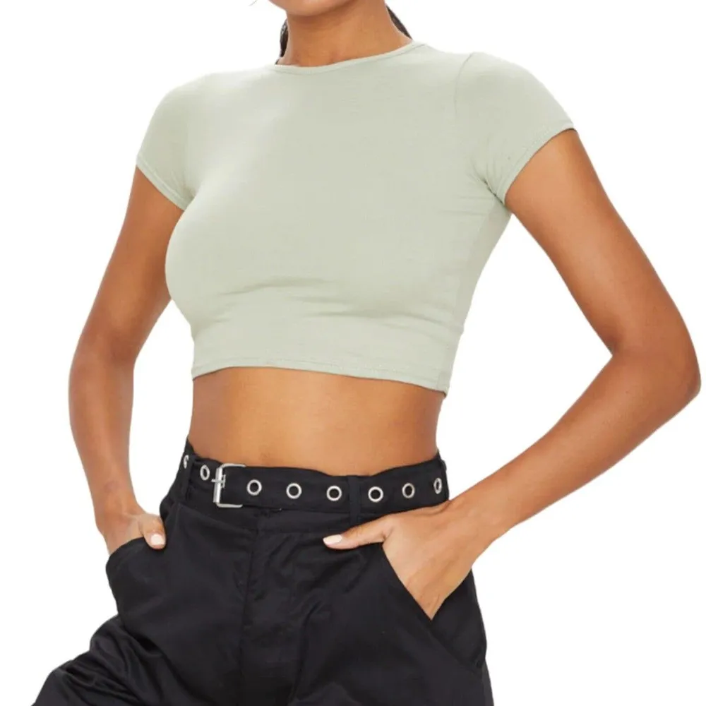 Pretty Little Thing Sage Khaki Cotton Short Sleeve Crop Top Size 2 US New - Image 2