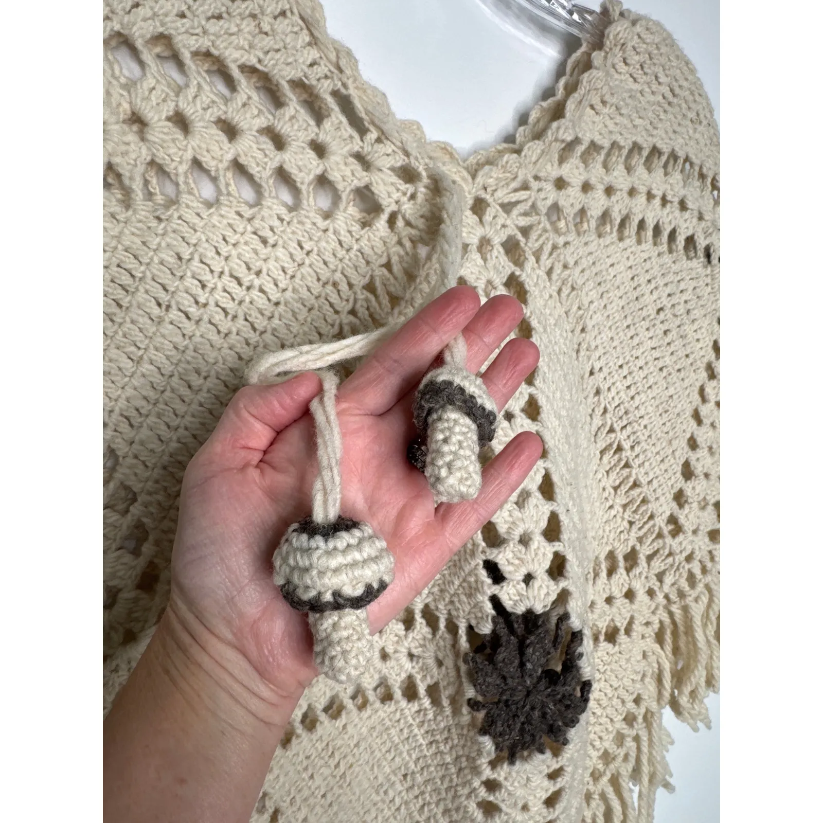 Vintage 1970s Handmade Crochet Poncho with Mushroom Tassel Ties & Fringe S - Image 3