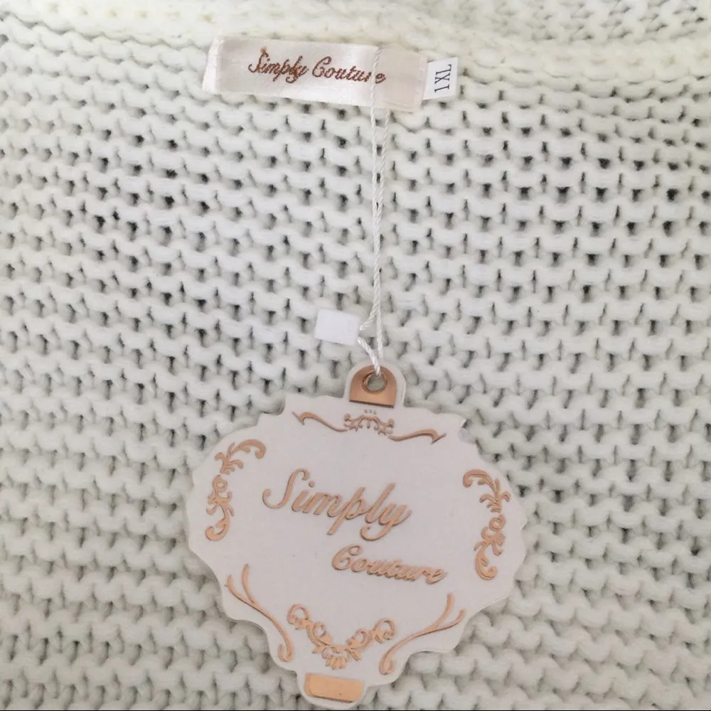 Simply Couture Oversized Beige Open Knit Pom-Pom Sleeve Sweater Cardigan - Image 2