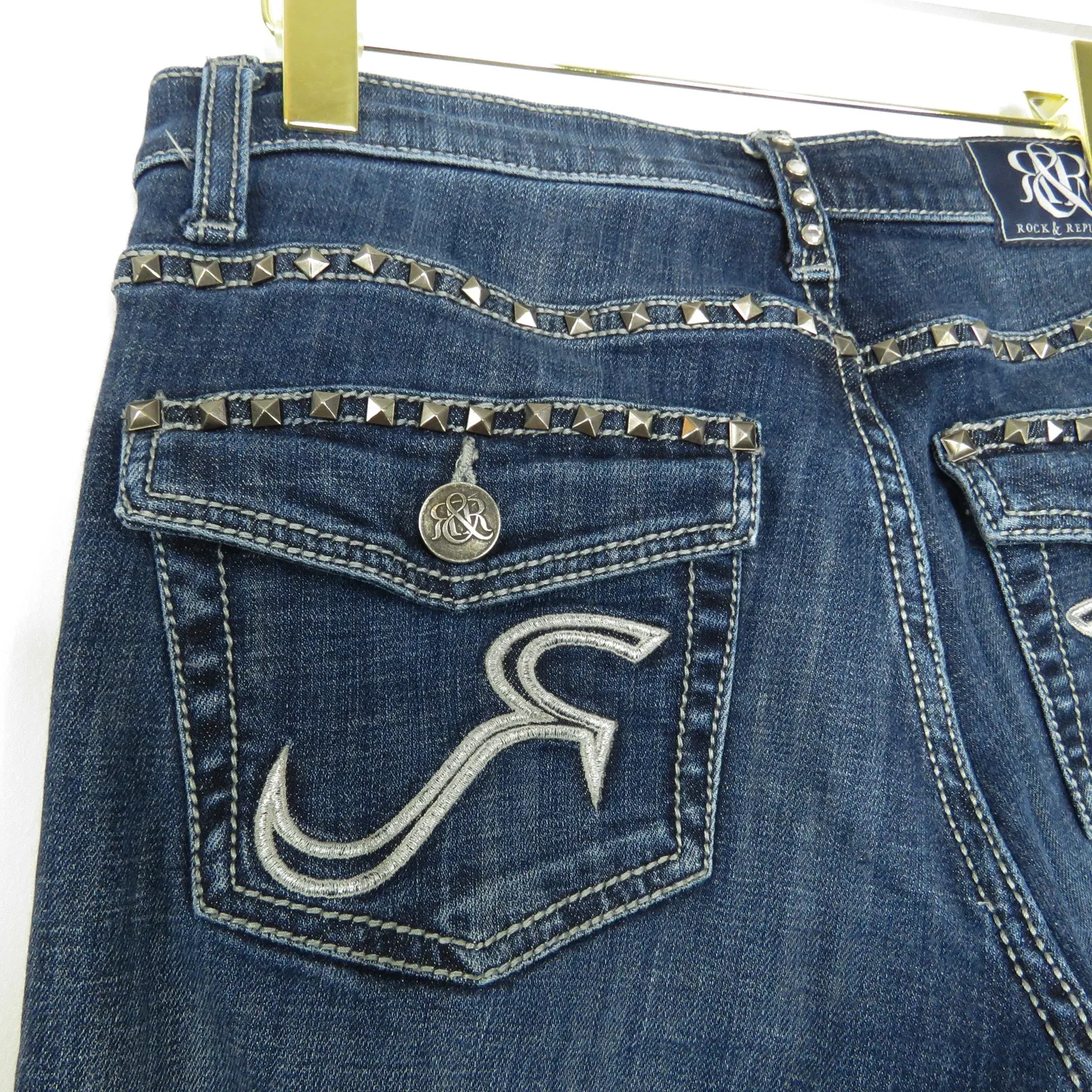 2000s Vintage Y2k Rock & Republic Square Rhinestone Bling Flared Jeans Size 4 - Image 5
