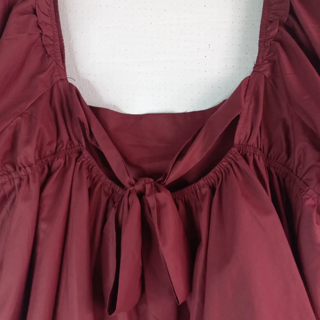 EnSaison L Babydoll Elegant Burgundy Puff Sleeve Tie Back Crop Top Red Size L - Image 2