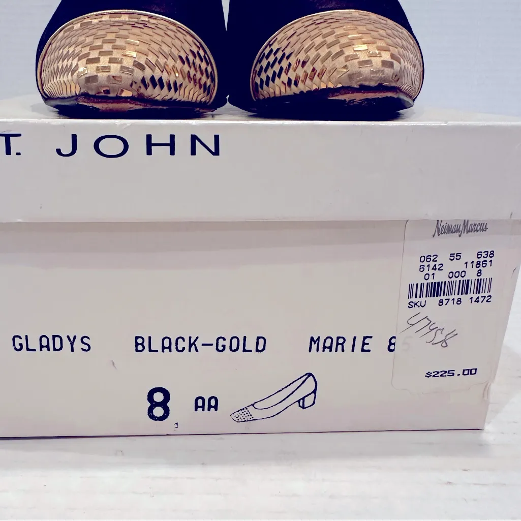 St. John Gladys Satin Pumps Women's 8AA Black Gold‎ Toe Leather Sole Vintage - Image 9