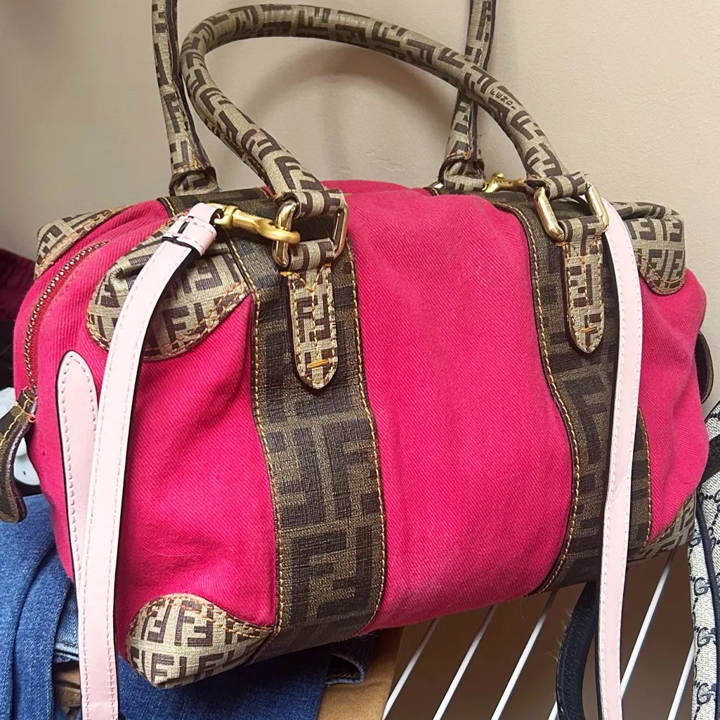 Authentic Fendi RARE Barbie Pink & Monogram Forever Bauletto Boston Bag - Image 2