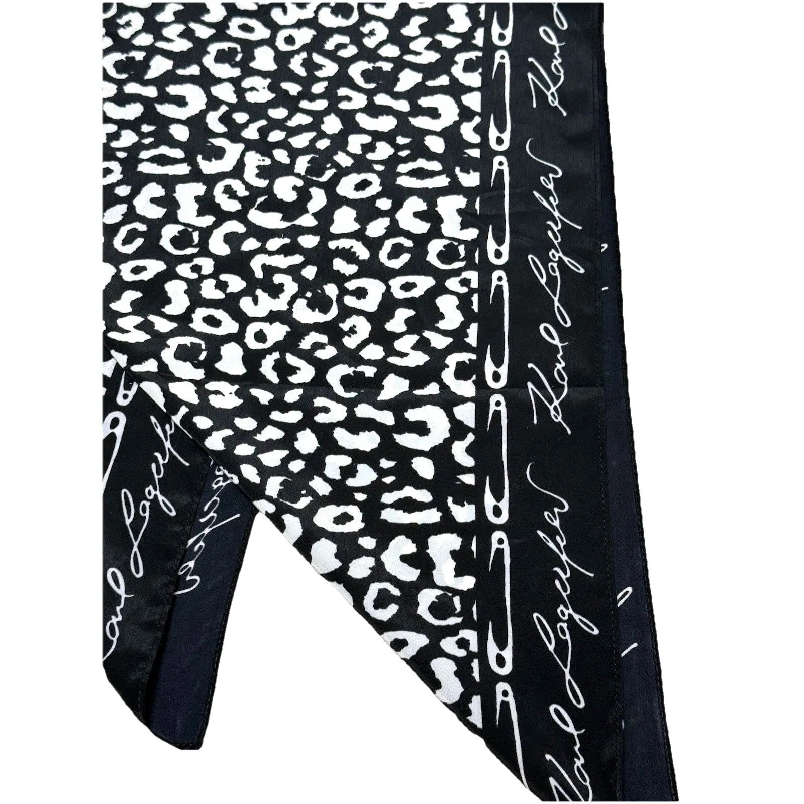 Karl Lagerfeld Silk Scarf Leopard Print Black White Heart Charm Pendant - Image 4