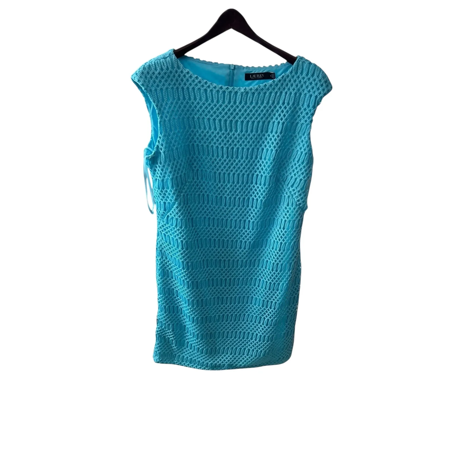 Lauren Ralph Lauren Crocheted Sheath Dress Blue Cap Sleeve Knee Length Size 14 - Image 4