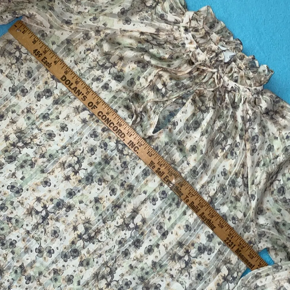 floral semi sheer long raglan sleeve smocked cuff ruffle tie collar size M - Image 13