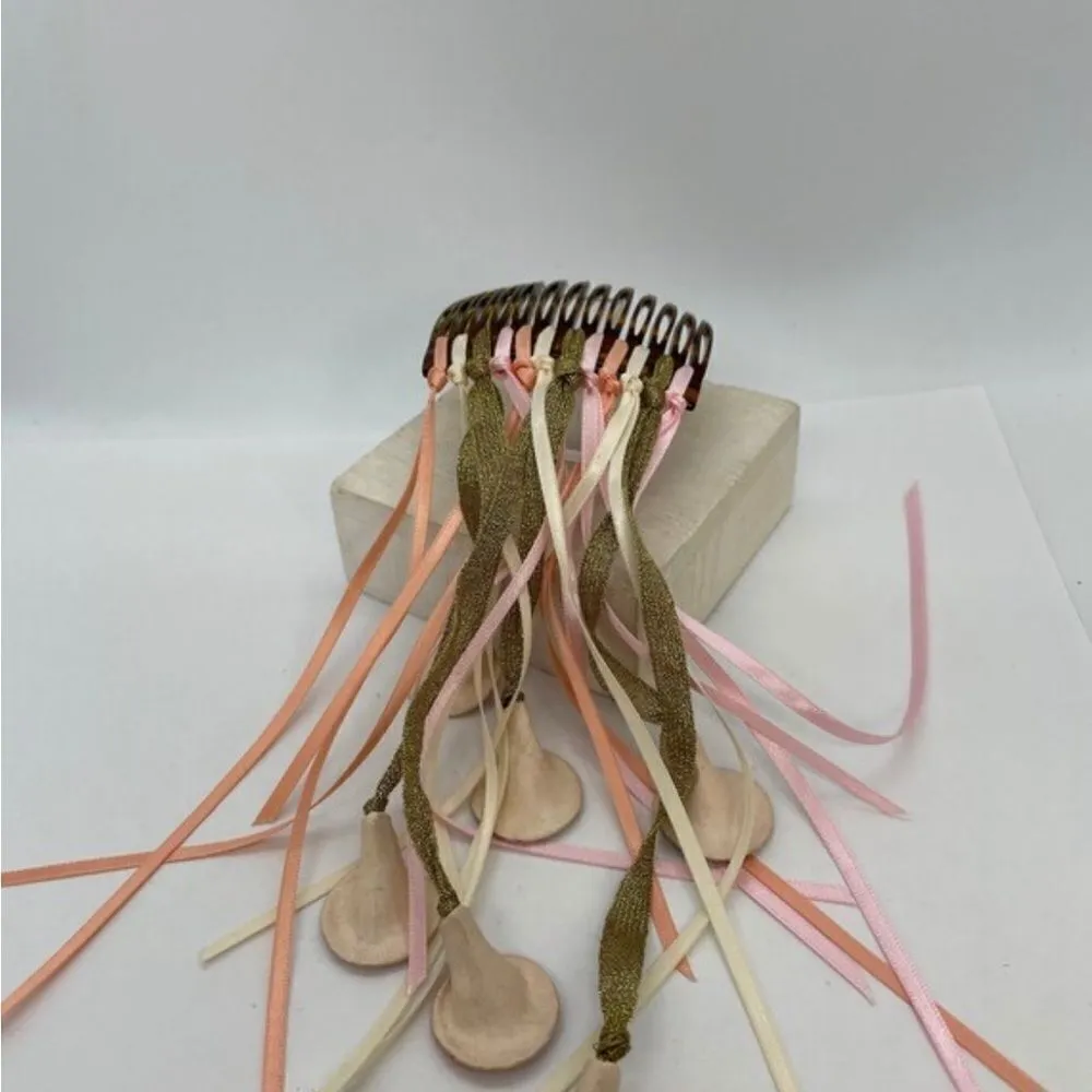 Vintage 80s Lurex Metallic Floral Ribbons Hair Comb Pink - Image 8