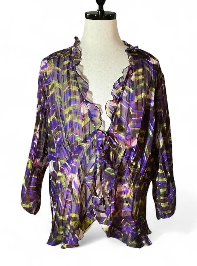 Notations Woman Plus Size 3X Purple Green Abstract Print Sheer Ruffle Kimono - Image 1