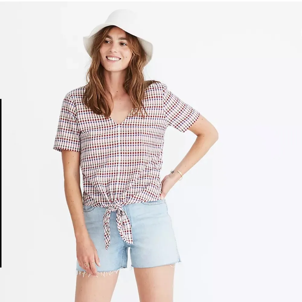 Madewell tie front top rainbow gingham check 3X v-neck short sleeve pullover - Image 11