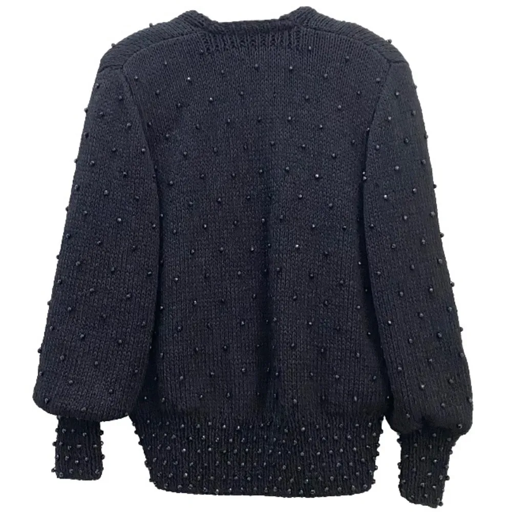 Vintage I. MAGNIN Black Beaded Lined Heavy Knit Cardigan Sweater Size S/M Size M - Image 2