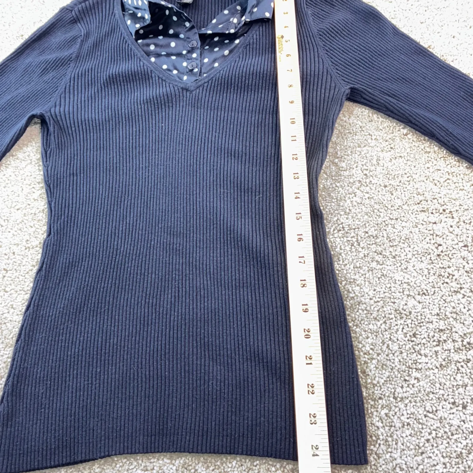 INC International Concepts L Petite‎ 2Fer Navy Blue Polka Dot Collar Ribbed Knit Size undefined - Image 3