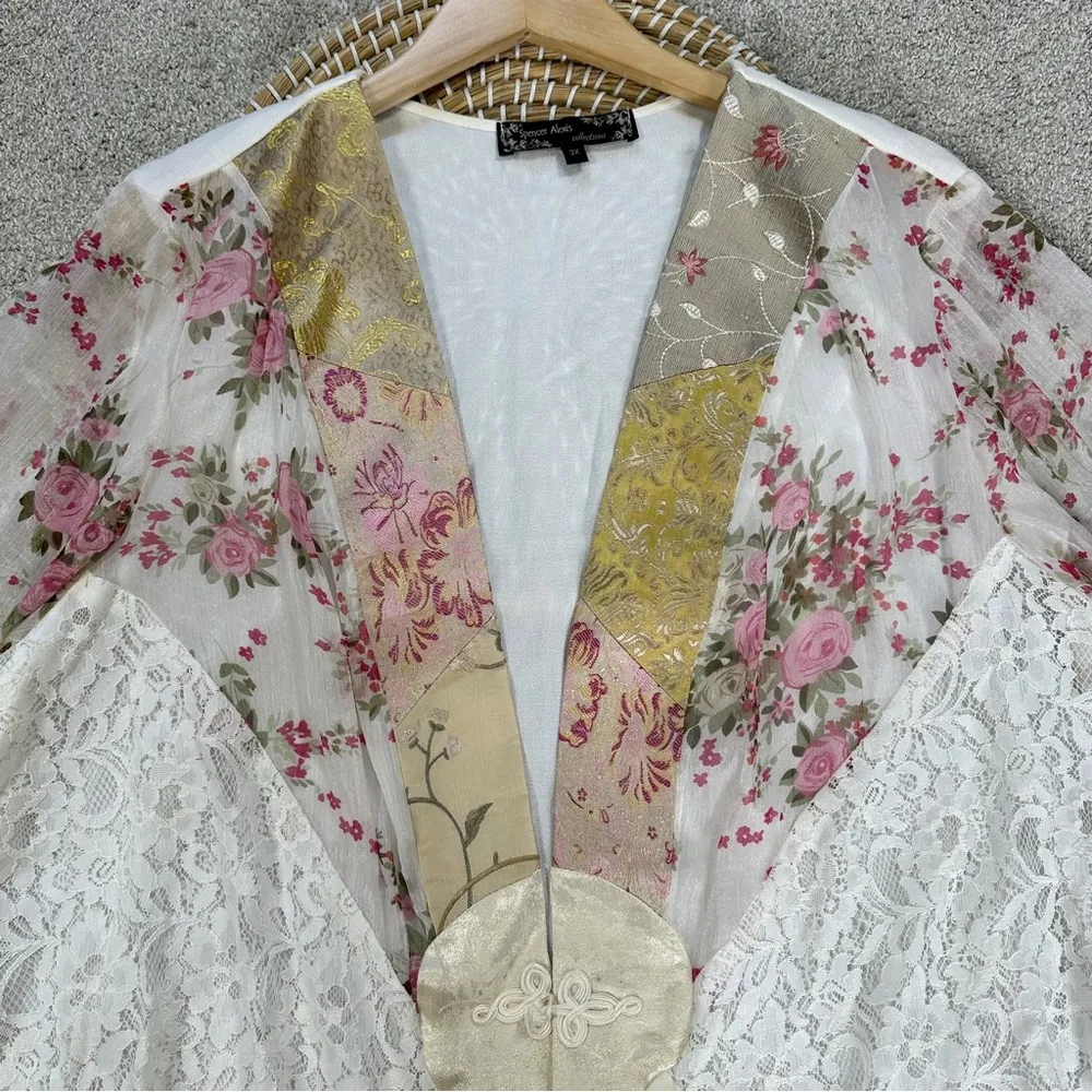 Spencer Alexis Vintage Silk Blend Kimono Top Floral Lace Embroidered Fairy 3X Pink - Image 2