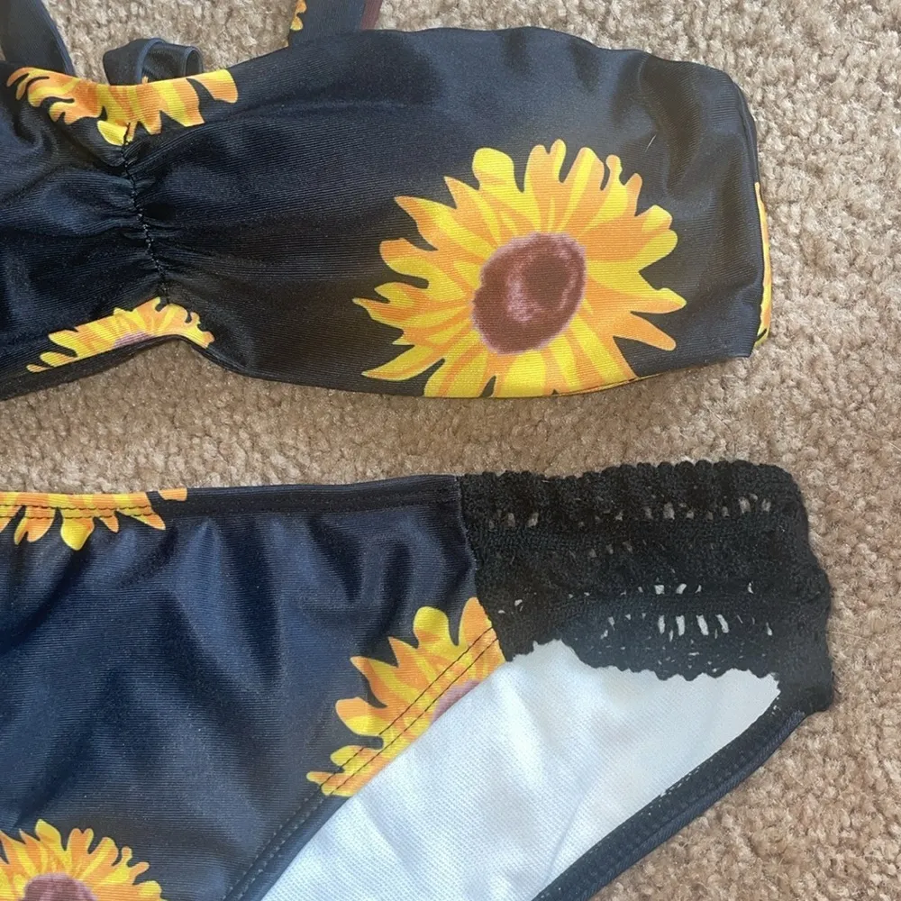 Sunflower Print Bikini Set 2 piece set strapless standard bikini black lace Size undefined - Image 2