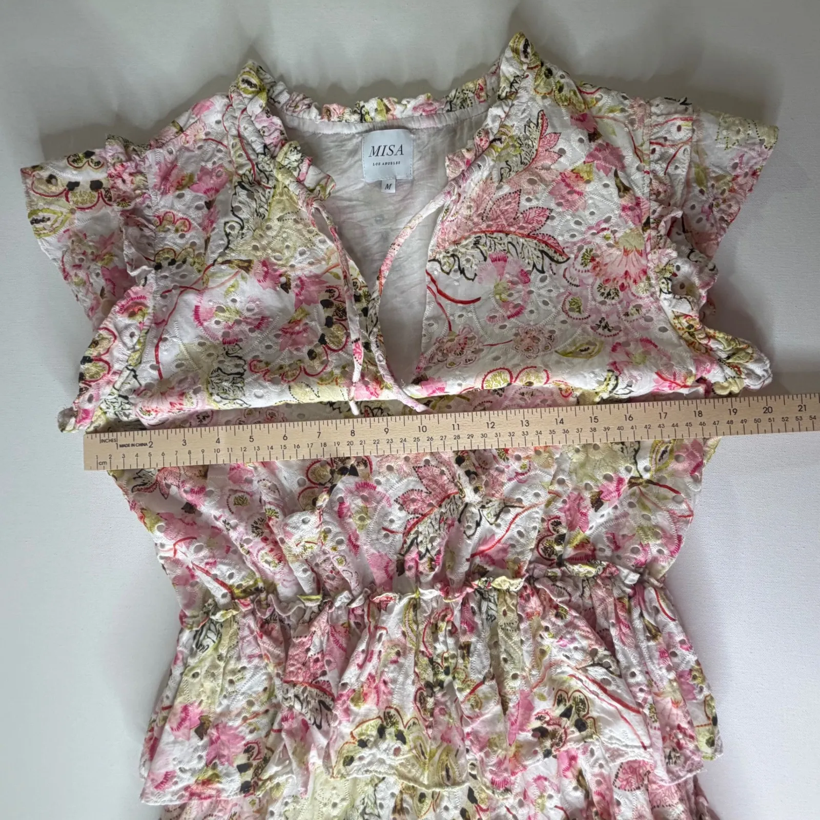 MISA Iliana Ruffled Eyelet Mini Dress Medium Pink Floral Tiered Coquette Cottage - Image 11